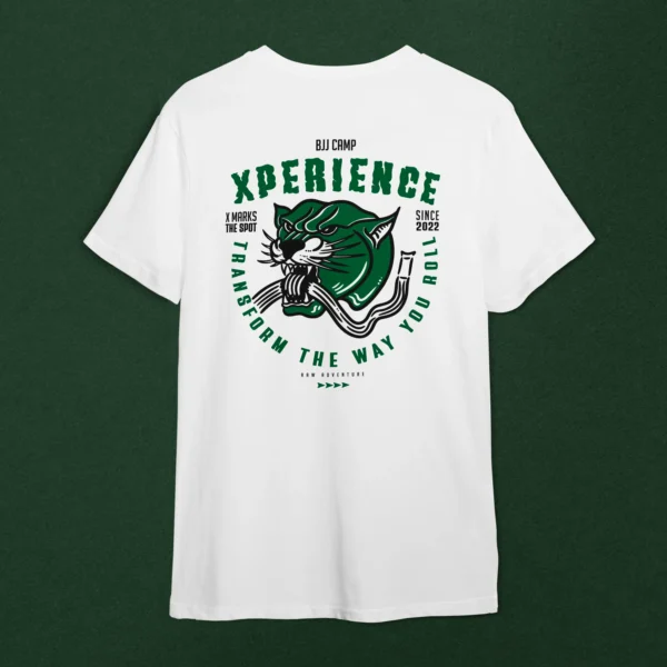 T-shirt in white featuring a panther graphic on the back with "XPERience" and "Transform the Way You Roll," ideal for BJJ fans.