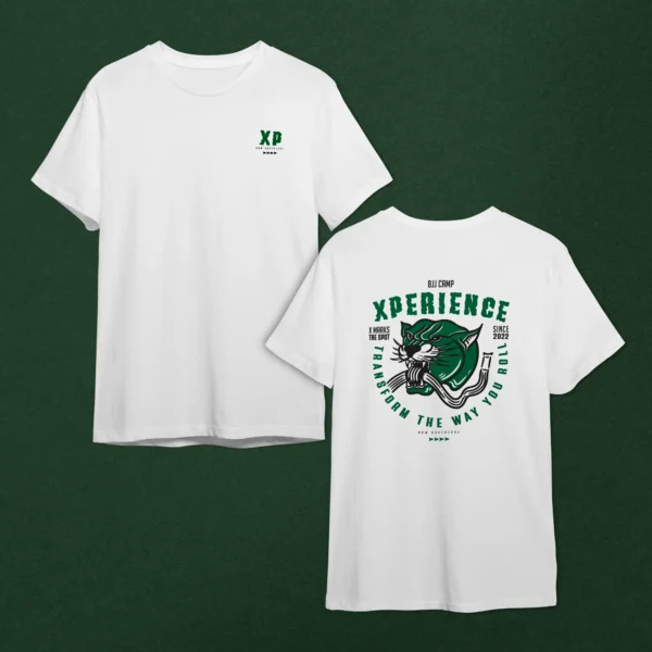 XP Raw Adventure Tee in white featuring green "XP" design on the front and panther graphic with "XPERience" on the back, ideal for Jiu-Jitsu fans.