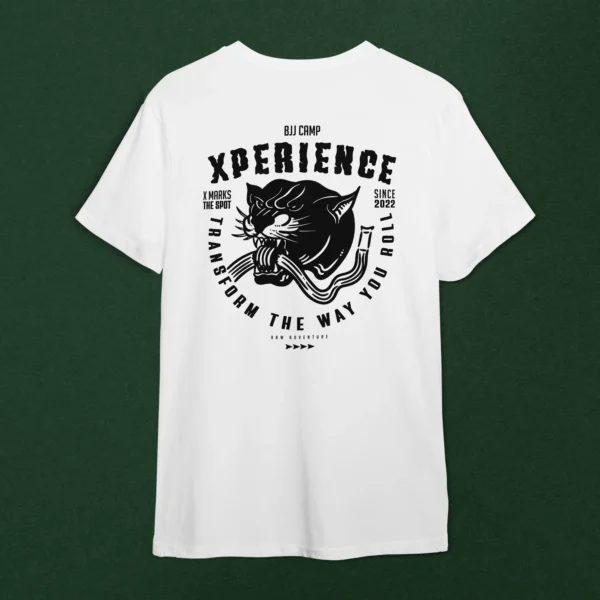 T-shirt in white featuring a bold black panther graphic on the back with "XPERIENCE" and "Transform the Way You Roll," ideal for BJJ fans.