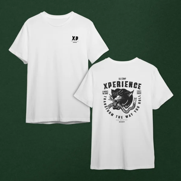 XP Raw Adventure Tee in white with bold "XP" on the front and a panther graphic on the back featuring "XPERIENCE" and "Transform the Way You Roll."