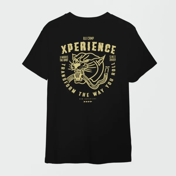 XP Raw Adventure Tee in black featuring a bold panther graphic on the back with "XPERIENCE" and "Transform the Way You Roll," perfect for BJJ fans.