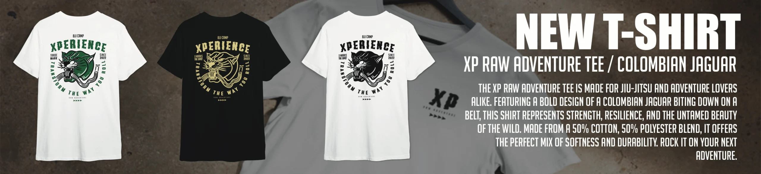 XP Raw Adventure Tee showcasing a Colombian jaguar biting down on a belt, designed for Jiu-Jitsu lovers, made from a cotton-polyester blend.