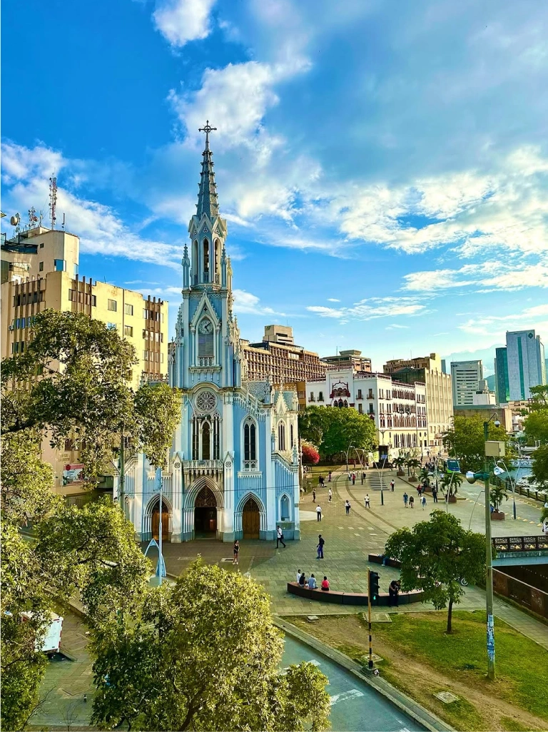 Iconic church in a Colombian city, showcasing the cultural beauty near BJJ Camps in South America.