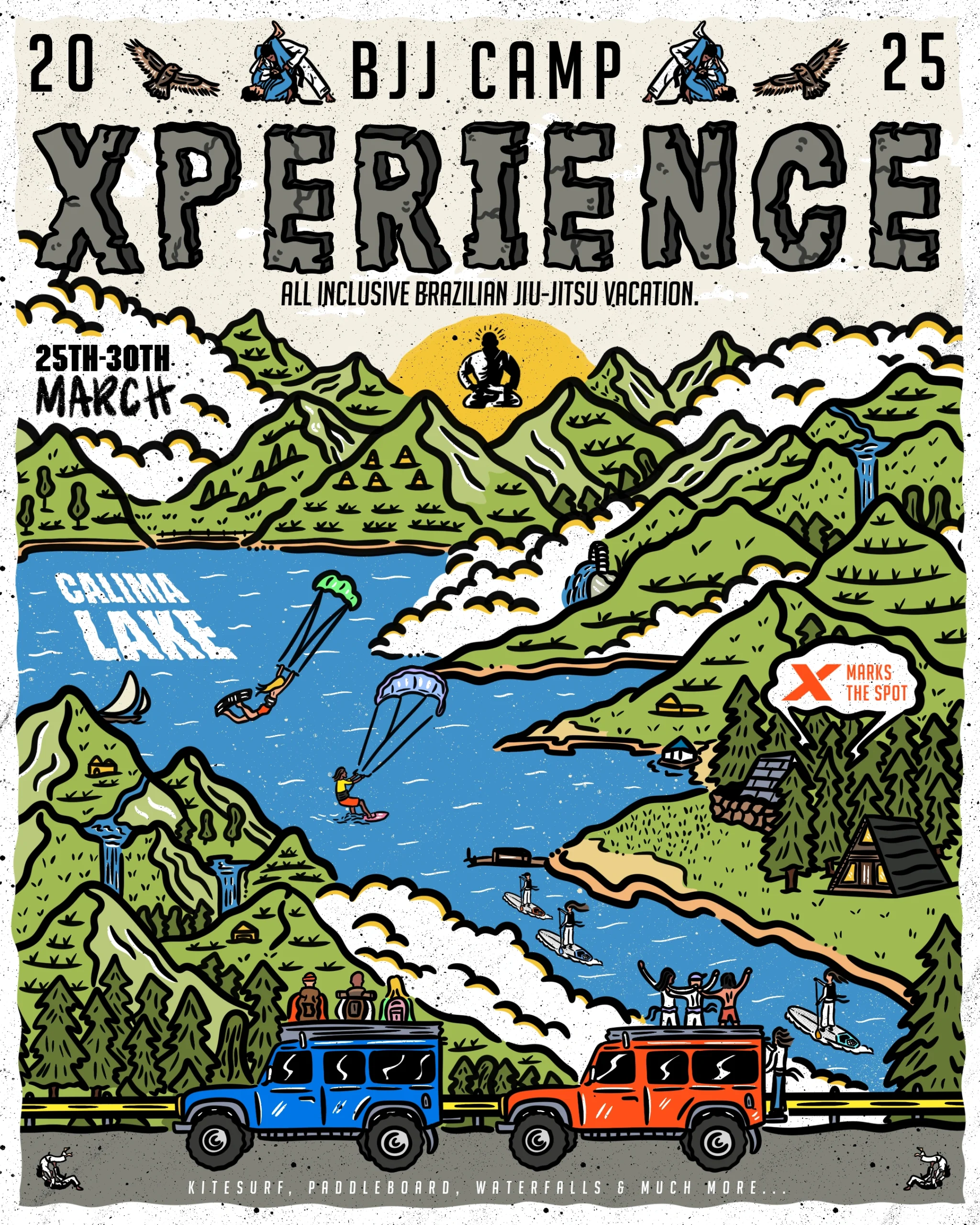 Illustrated flyer for BJJ Camp XP featuring Calima Lake, kitesurfers, paddleboarders, and Jeeps with participants enjoying the adventure.