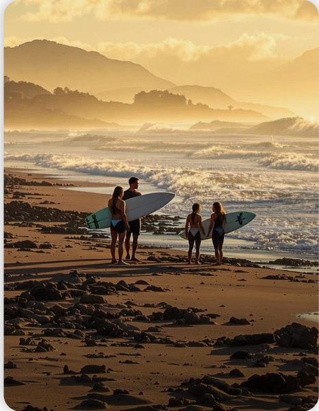Group of surfers walking along the beach at sunset during a BJJ Camp experience.